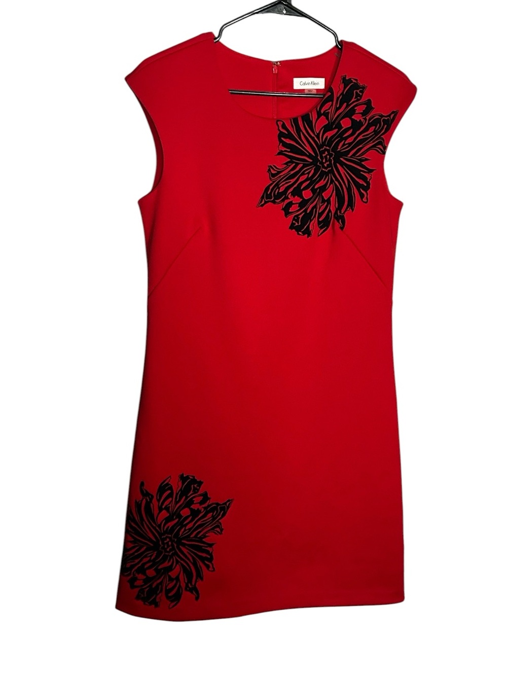 Calvin Klein Red Sheath Dress with Black Floral Detail